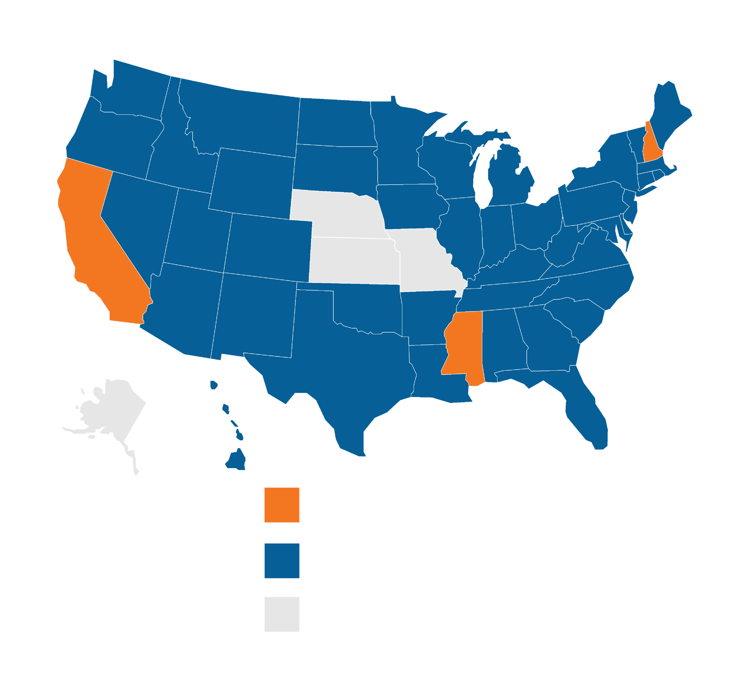 Updated Map Showing all but three states are blue and three recieived their proclamation including California, Mississippi, and New Hampshire.